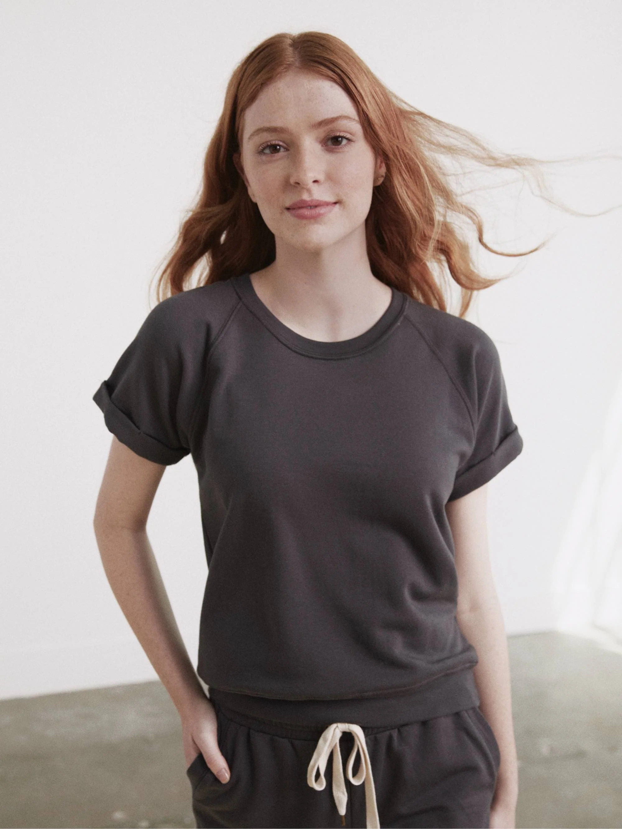 Fleece Roll Cuff Short Sleeve Sweatshirt - Image 7